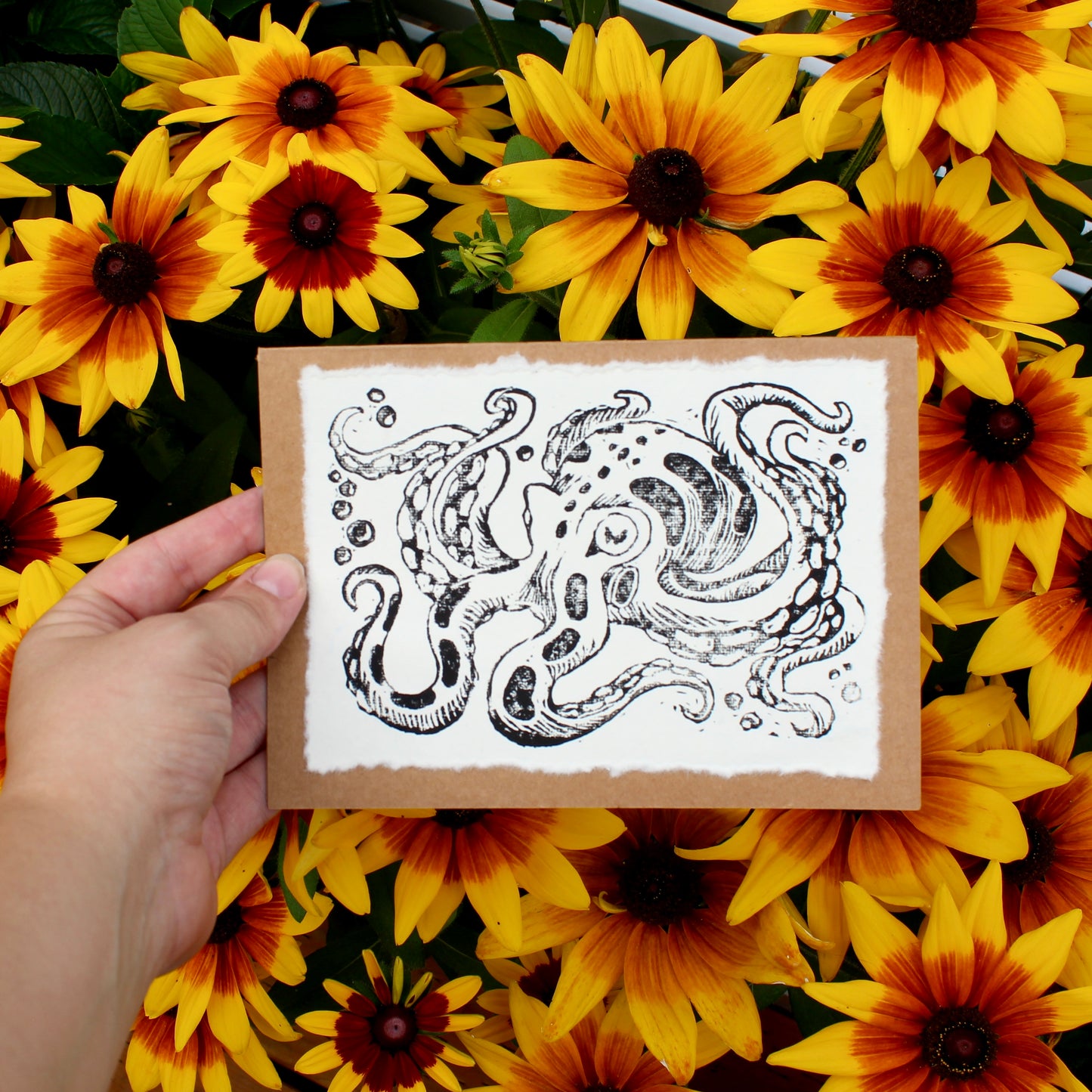 Inky Octopus Linocut Greeting Card