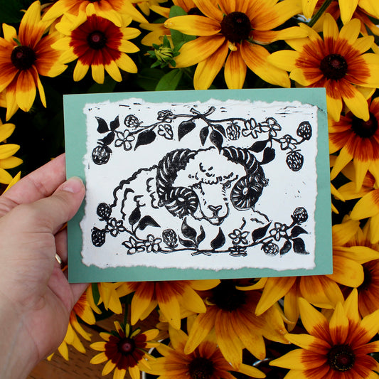 Blackberry Ram Handmade Linocut Greeting Card