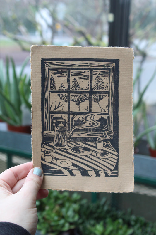 Kitchen Table Tea Handmade Linocut Print