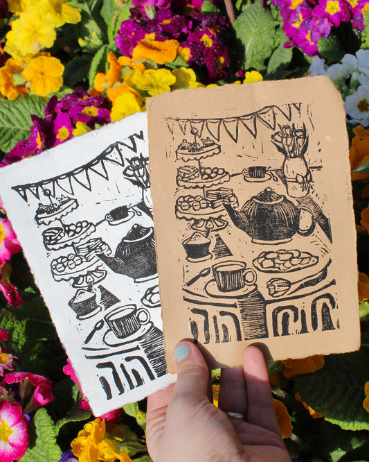 Tea Party Handmade Linocut Print