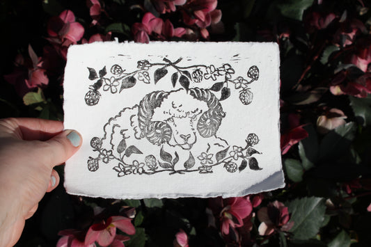Rustic Blackberry Ram Handmade Linocut Print