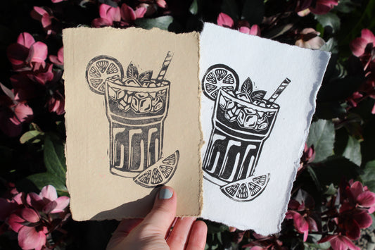 Glass Half Full handmade Linocut Print
