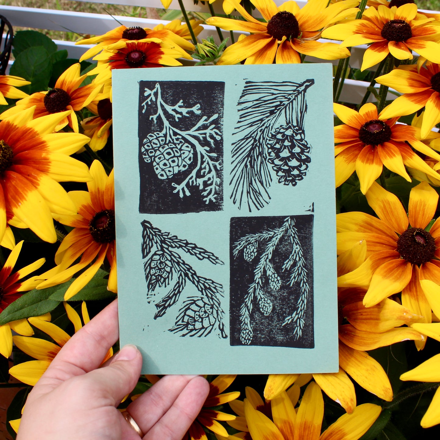 Evergreen Pinecone Handmade Linocut Greeting Card