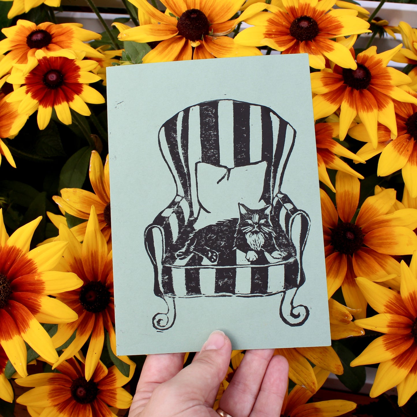 Cat in Vintage Chair Handmade Linocut Greeting Card
