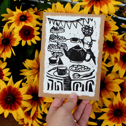 Tea Party Handmade Linocut Greeting Card