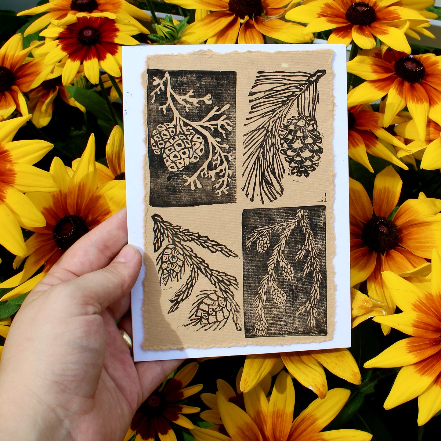 Evergreen Pinecone Handmade Linocut Greeting Card