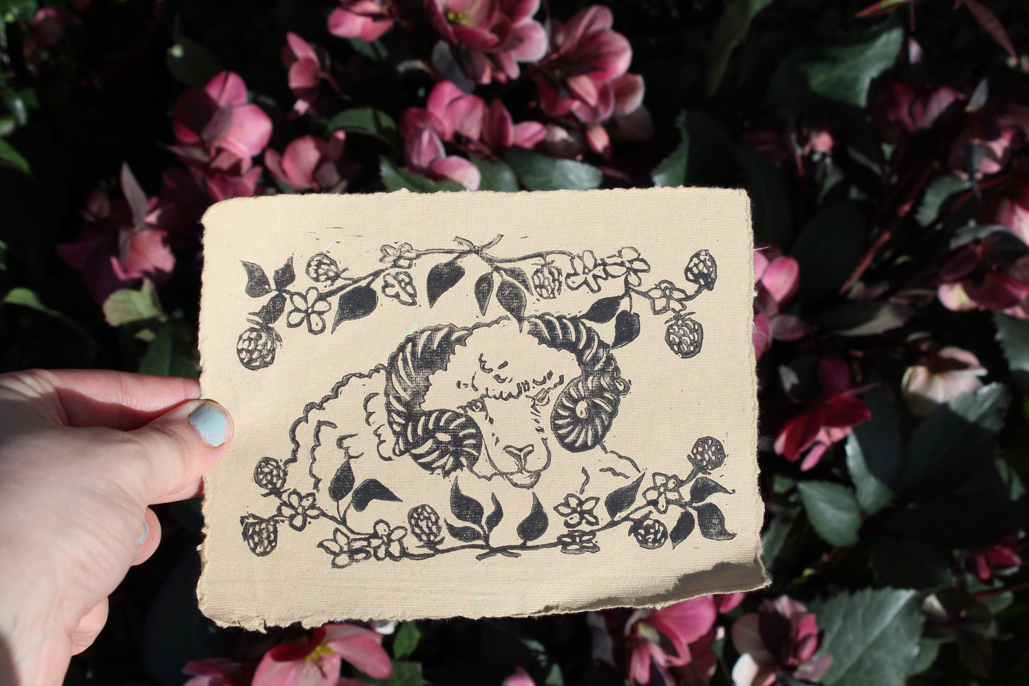 Rustic Blackberry Ram Handmade Linocut Print