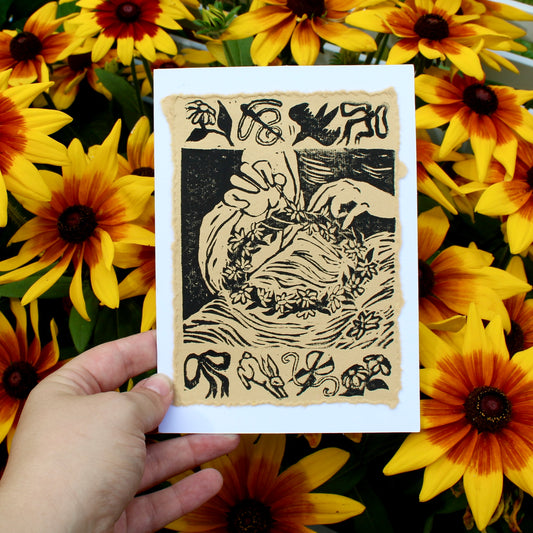 Crown of Flowers Handmade Linocut Greeting Card