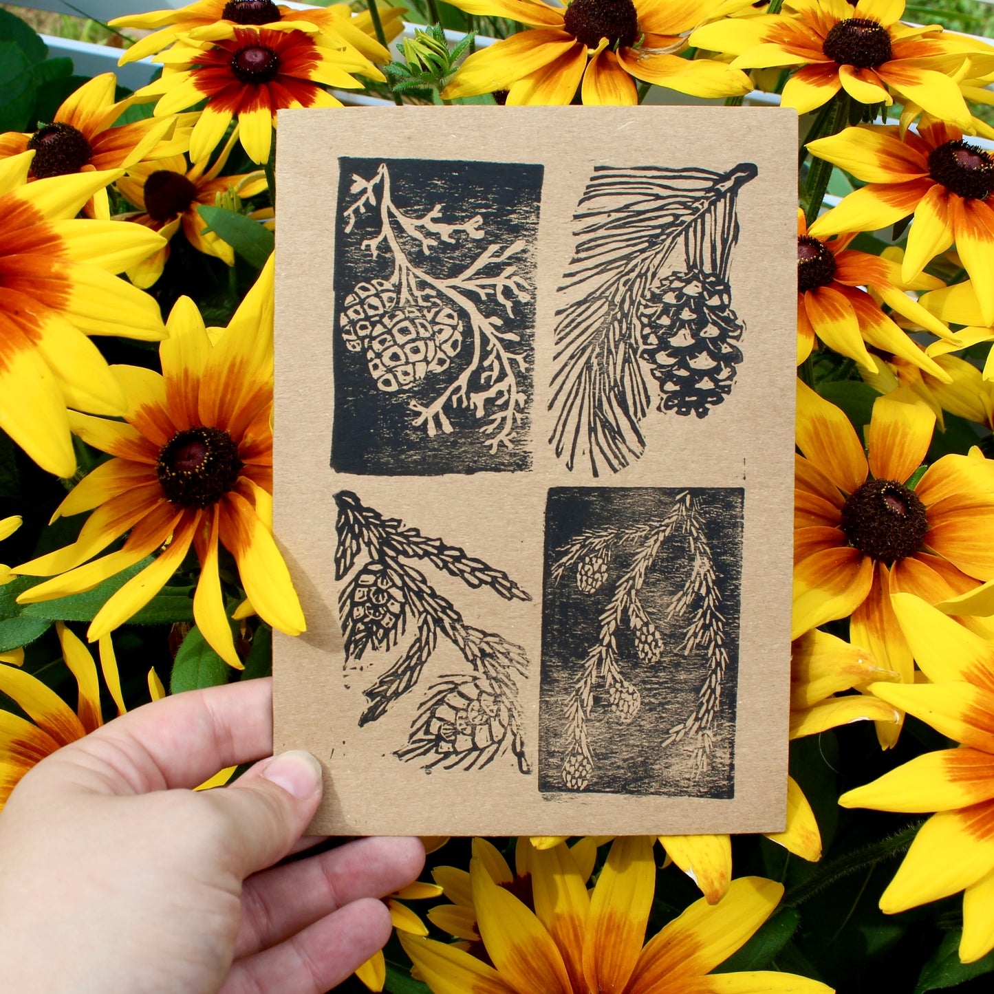 Evergreen Pinecone Handmade Linocut Greeting Card