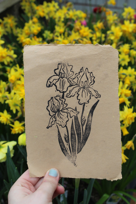 Twin Iris Handmade Linocut Print
