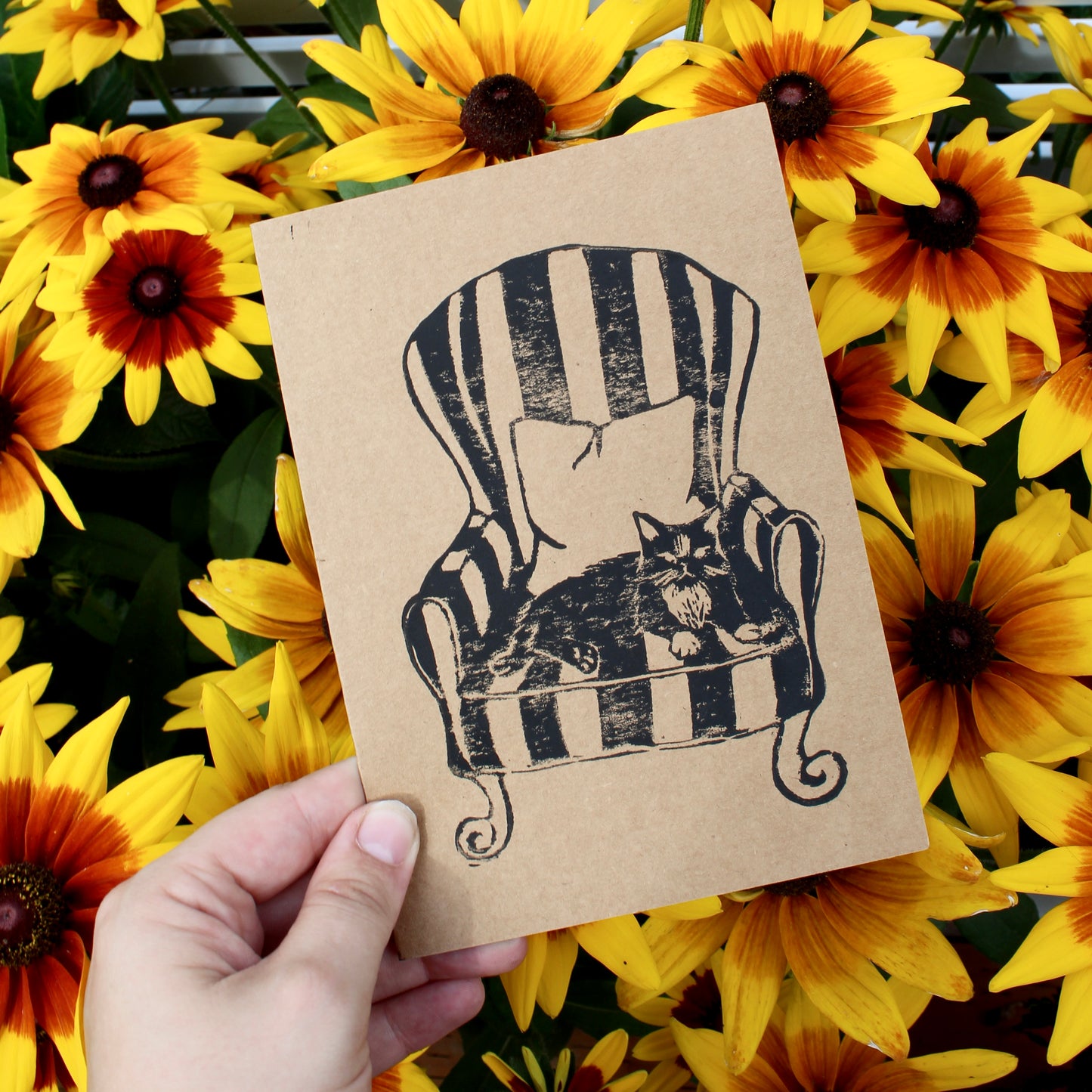 Cat in Vintage Chair Handmade Linocut Greeting Card