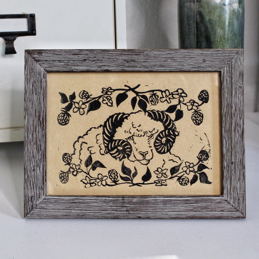 Rustic Blackberry Ram Handmade Linocut Print
