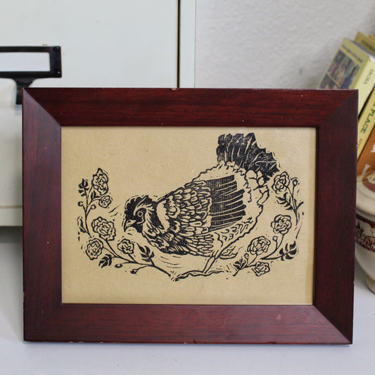Happy Hen with Marigold Boarder Hndmade Linocut 5x7 Block Print