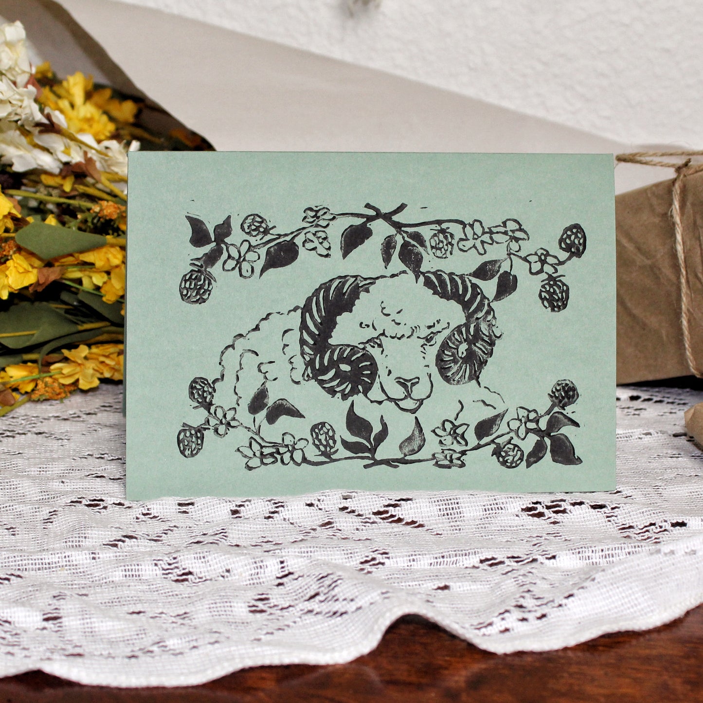 Blackberry Ram Handmade Linocut Greeting Card