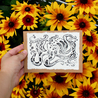 Inky Octopus Linocut Handmade Greeting Card