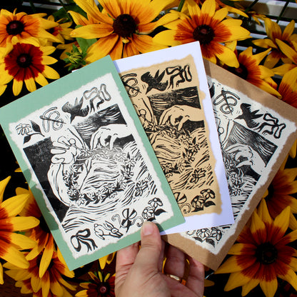 Crown of Flowers Handmade Linocut Greeting Card