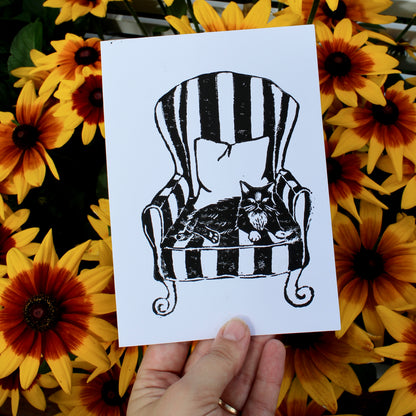 Cat in Vintage Chair Handmade Linocut Greeting Card