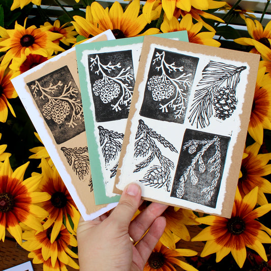 Evergreen Pinecone Handmade Linocut Greeting Card
