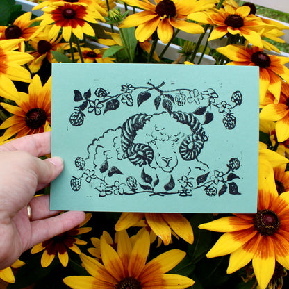 Blackberry Ram Handmade Linocut Greeting Card