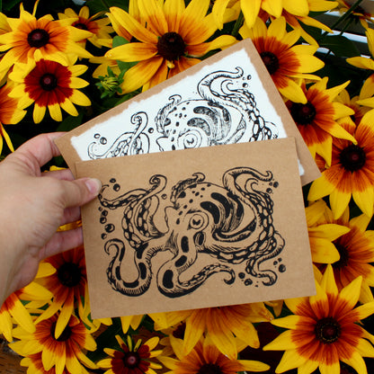 Inky Octopus Linocut Handmade Greeting Card