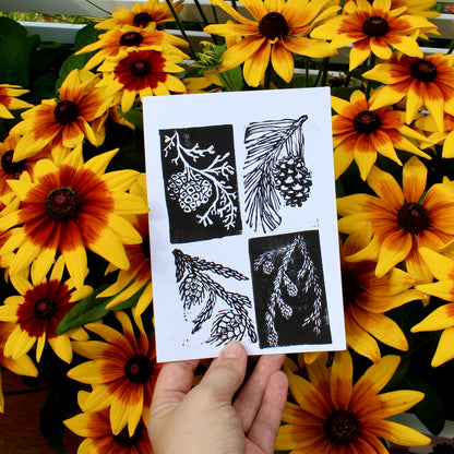 Evergreen Pinecone Handmade Linocut Greeting Card