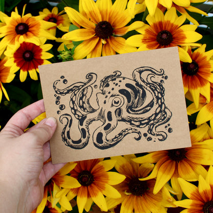 Inky Octopus Linocut Handmade Greeting Card