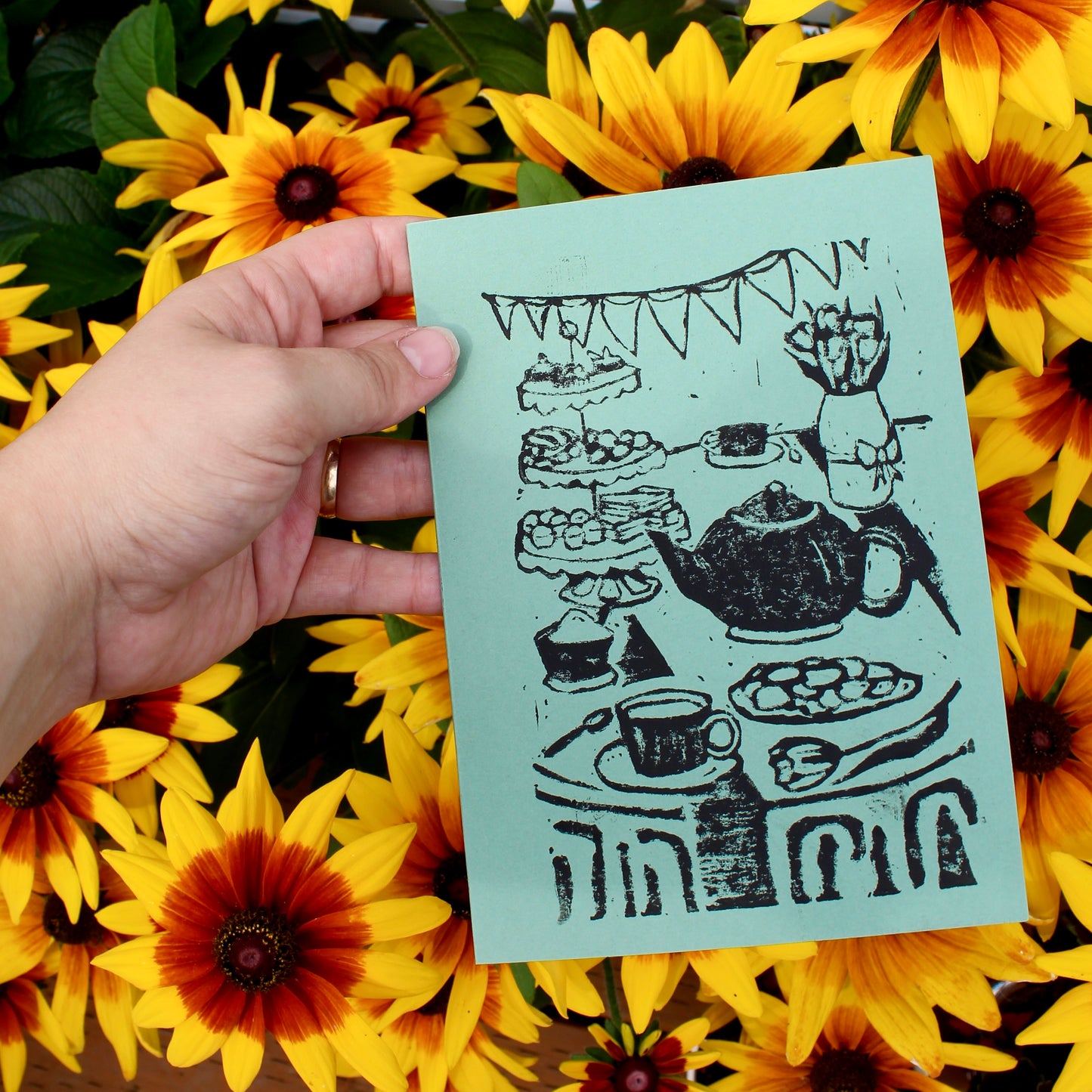 Tea Party Handmade Linocut Greeting Card
