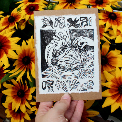Crown of Flowers Handmade Linocut Greeting Card