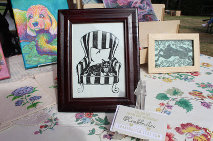 Tuxedo Cat on Vintage Chair Linocut Print