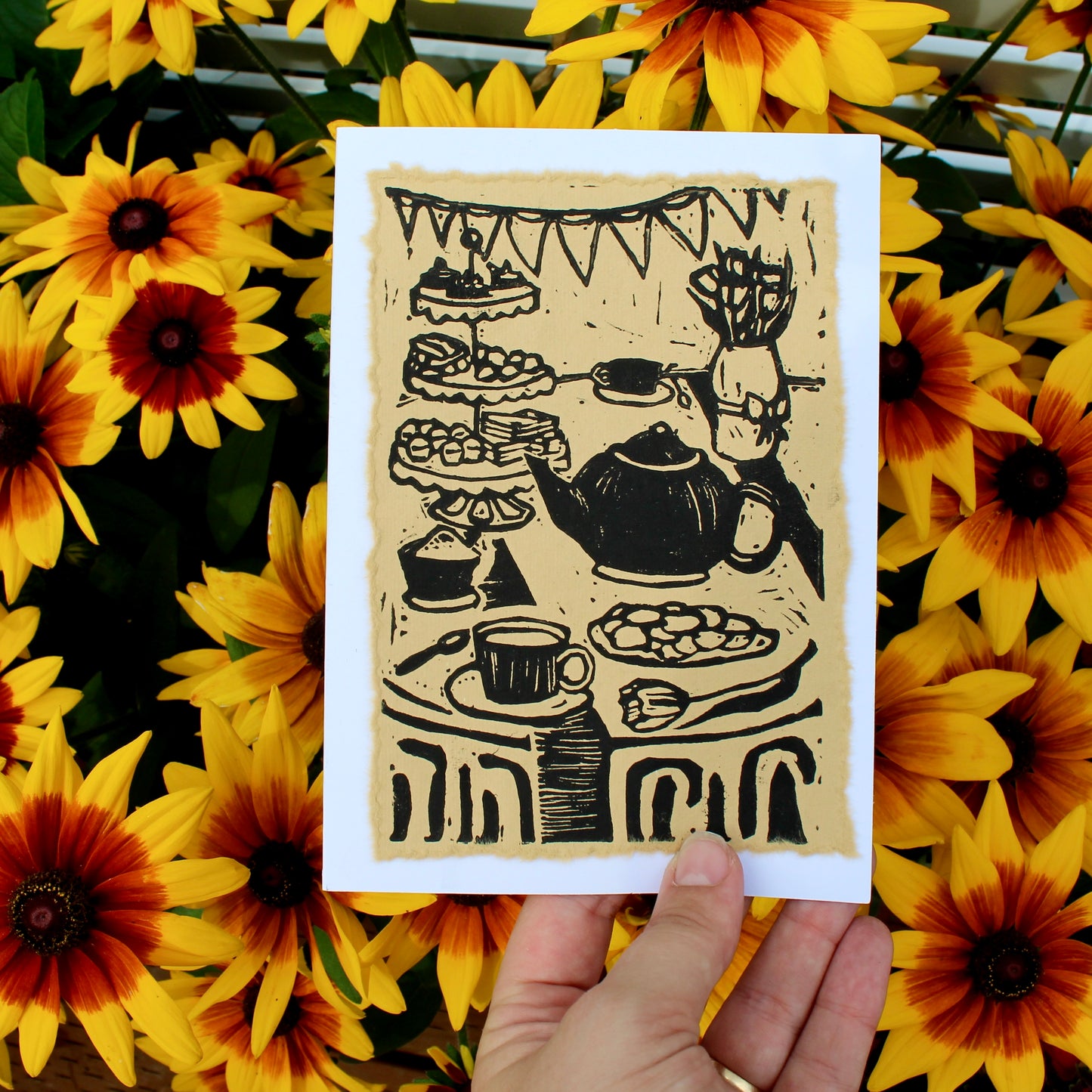 Tea Party Handmade Linocut Greeting Card