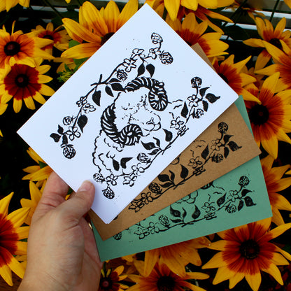 Blackberry Ram Handmade Linocut Greeting Card