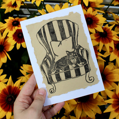 Cat in Vintage Chair Handmade Linocut Greeting Card