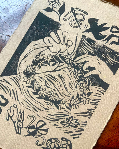 Flower Crown Handmade Linocut Print