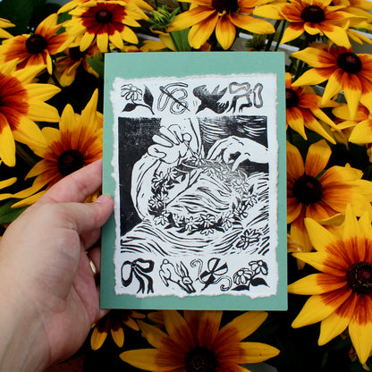 Crown of Flowers Handmade Linocut Greeting Card