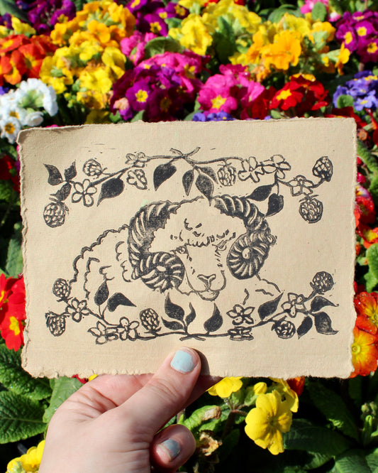 Rustic Blackberry Ram Handmade Linocut Print