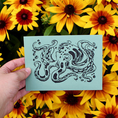 Inky Octopus Linocut Handmade Greeting Card