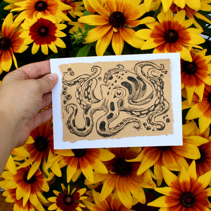 Inky Octopus Linocut Handmade Greeting Card