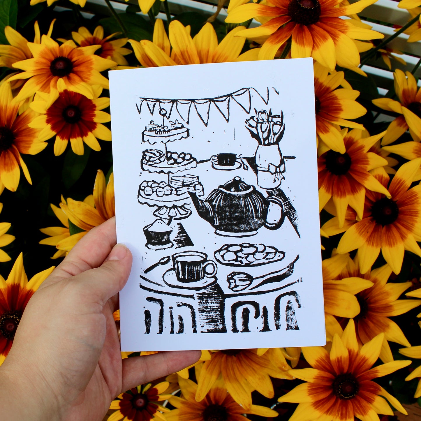 Tea Party Handmade Linocut Greeting Card