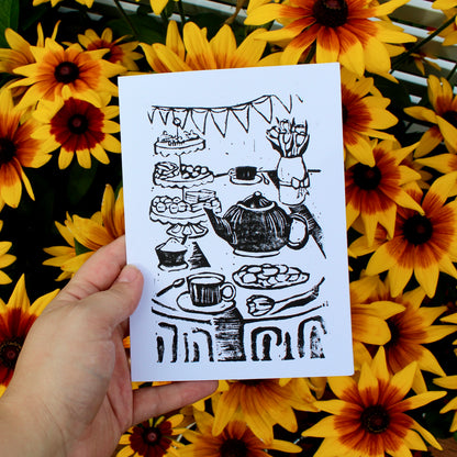 Tea Party Handmade Linocut Greeting Card