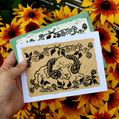 Blackberry Ram Handmade Linocut Greeting Card