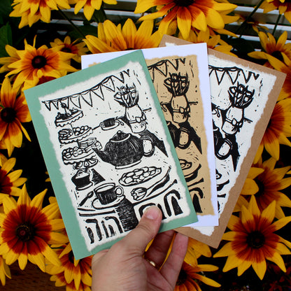 Tea Party Handmade Linocut Greeting Card