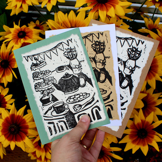Tea Party Handmade Linocut Greeting Card