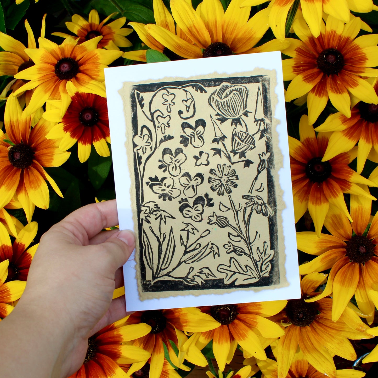 Wildflower Garden Handmade Linocut Greeting Card