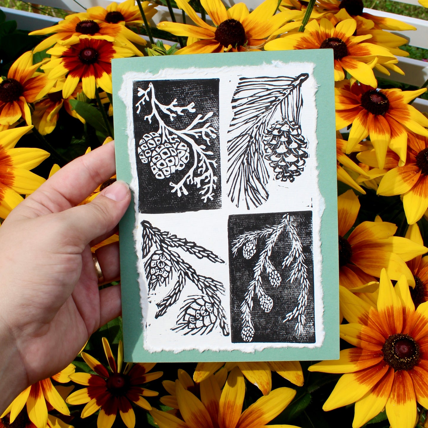 Evergreen Pinecone Handmade Linocut Greeting Card