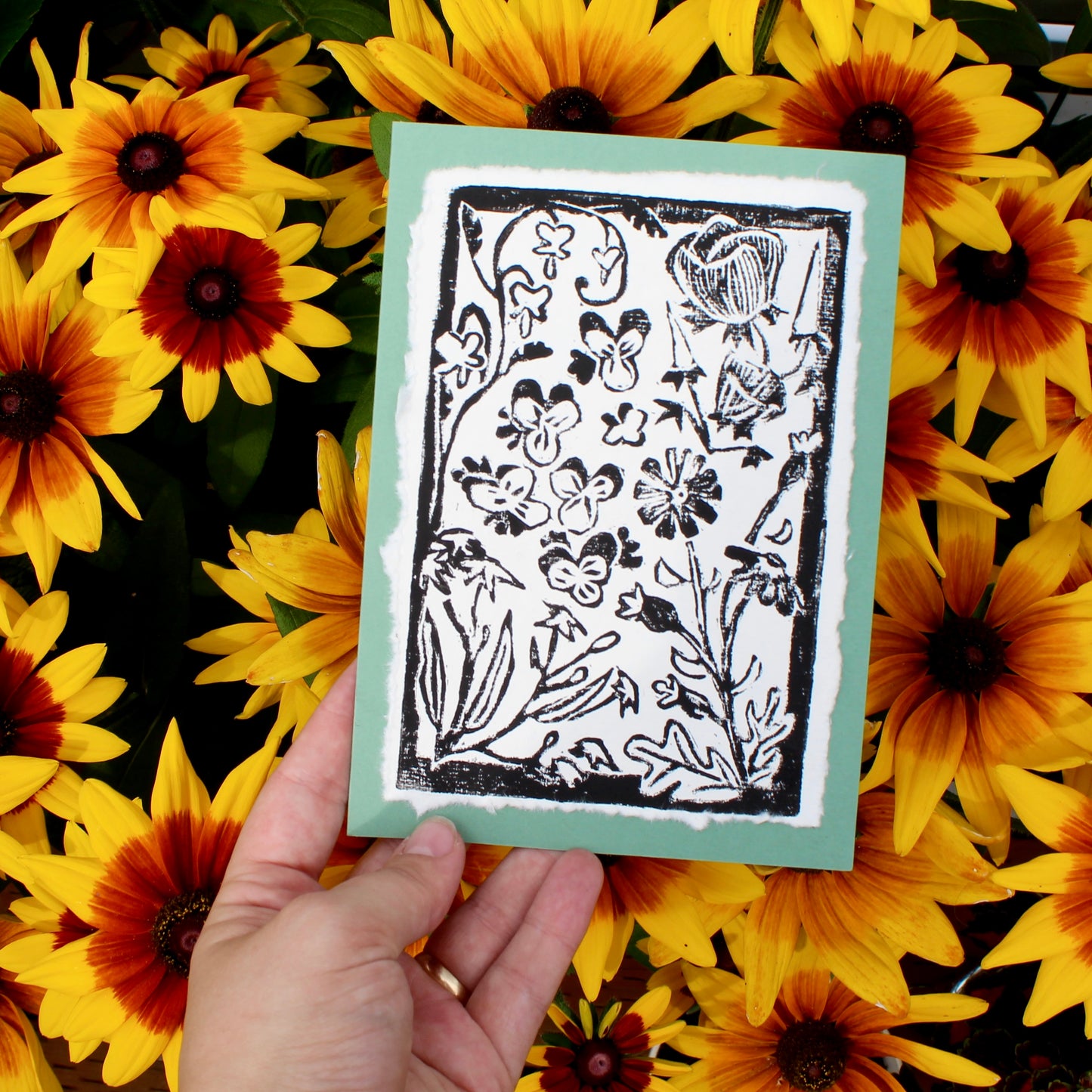 Wildflower Garden Handmade Linocut Greeting Card
