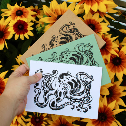Inky Octopus Linocut Handmade Greeting Card