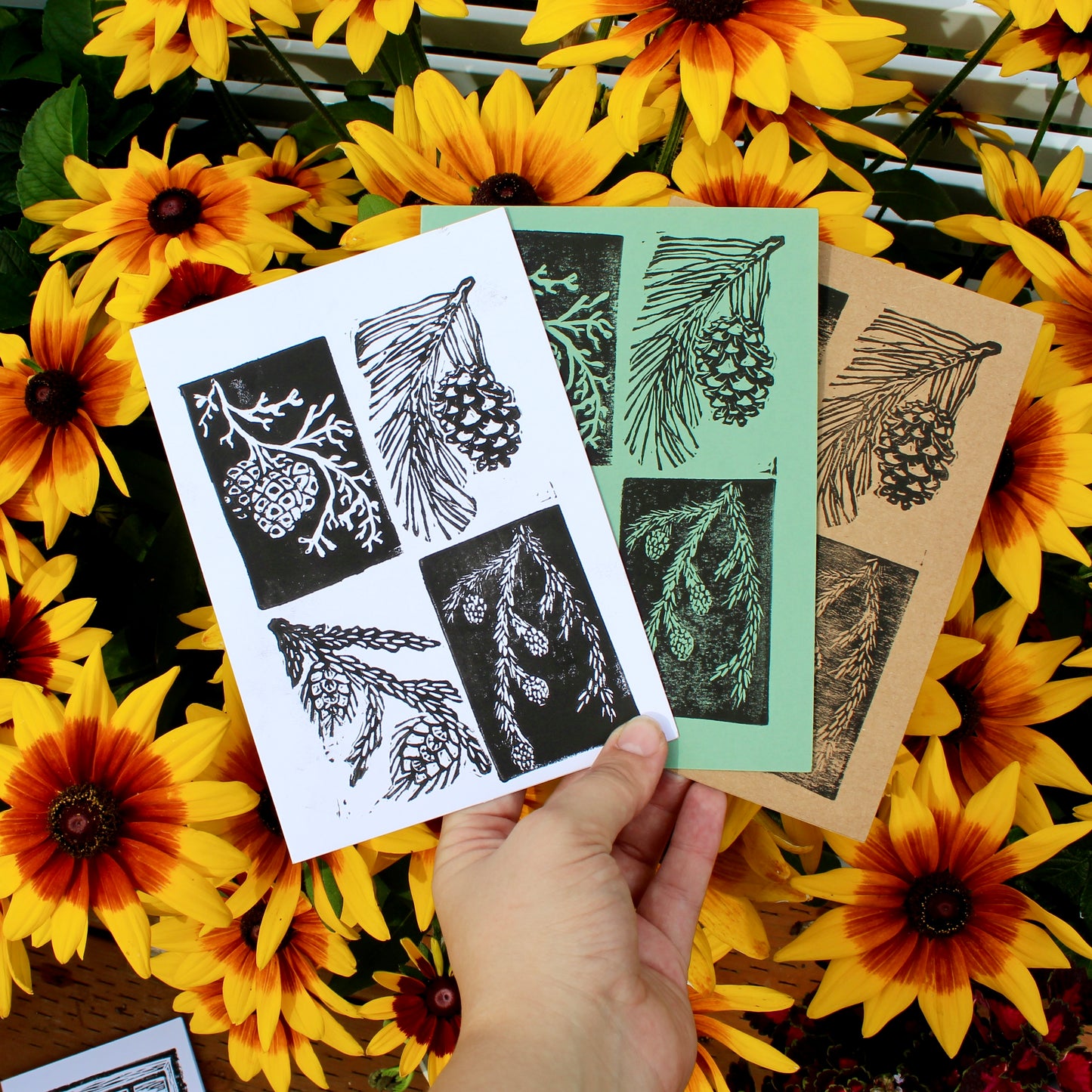 Pinecone Handmade Linocut Greeting Card