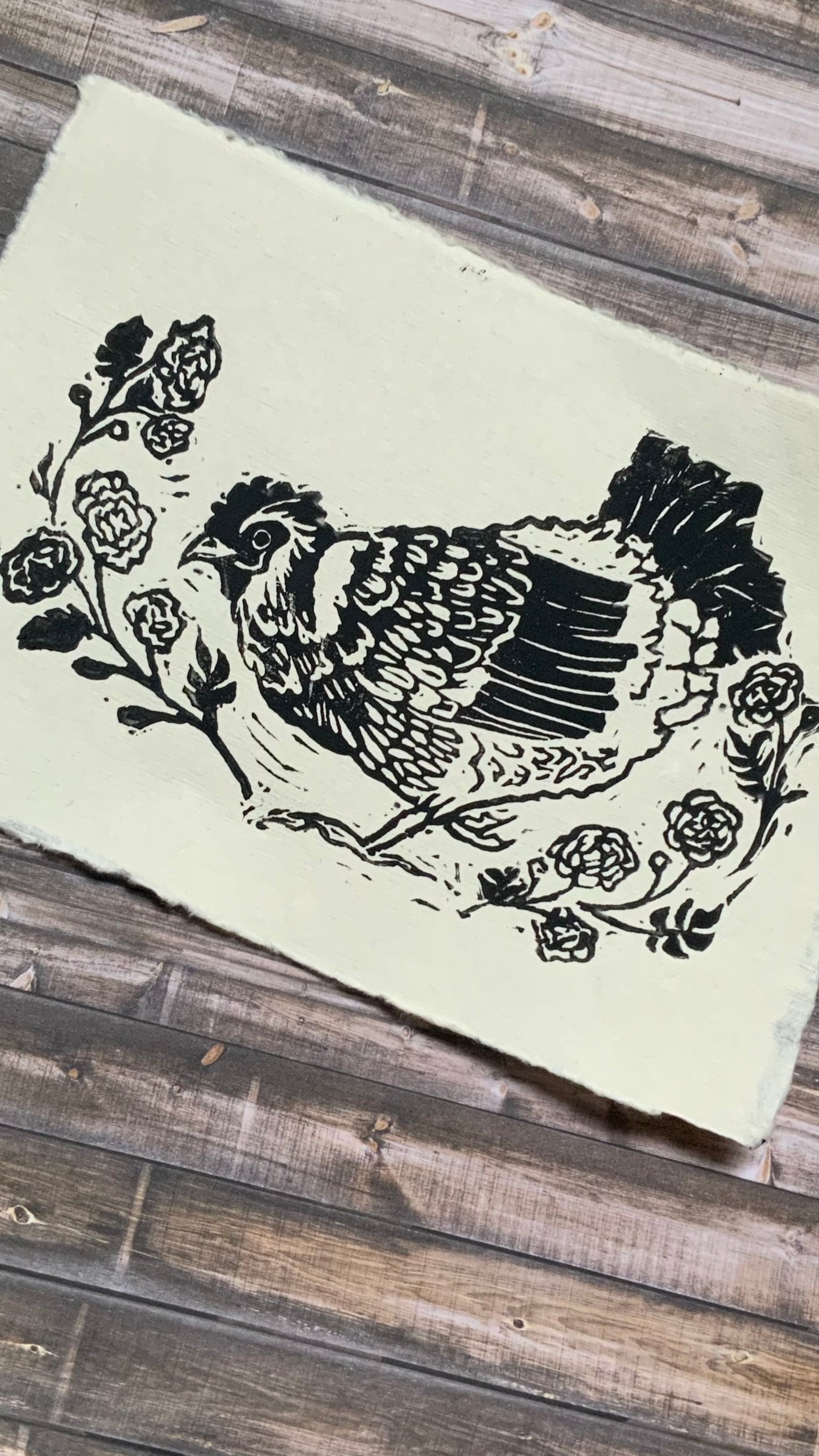 Happy Hen with Marigold Boarder Hndmade Linocut 5x7 Block Print