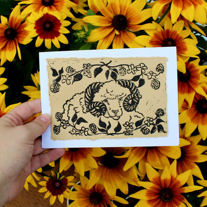 Blackberry Ram Handmade Linocut Greeting Card
