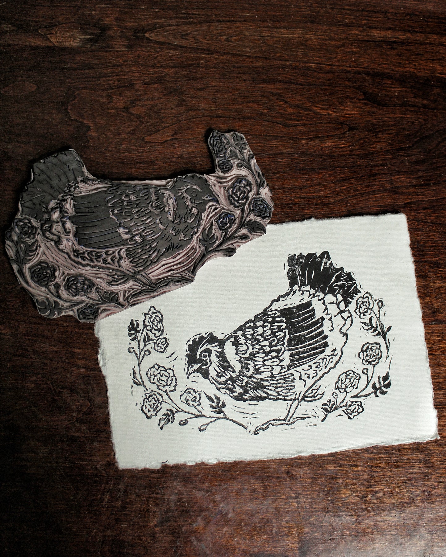 Happy Hen with Marigold Boarder Hndmade Linocut 5x7 Block Print